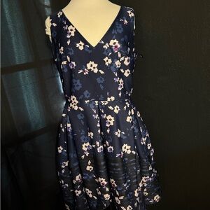 Neiman Marcus Navy Floral A-Line Dress with Lavender Accents